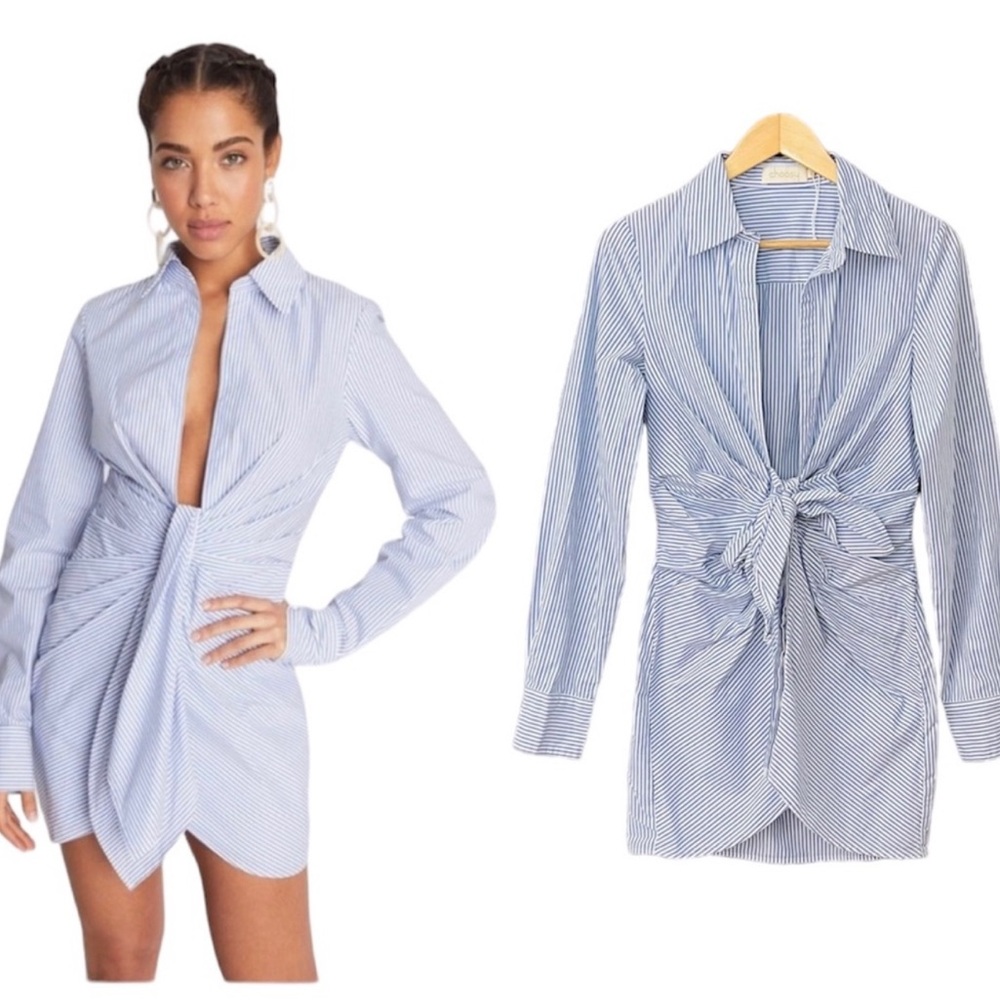 Choosy Blue White Striped Crosby St Tie Front Cotton Shirt Dress 0